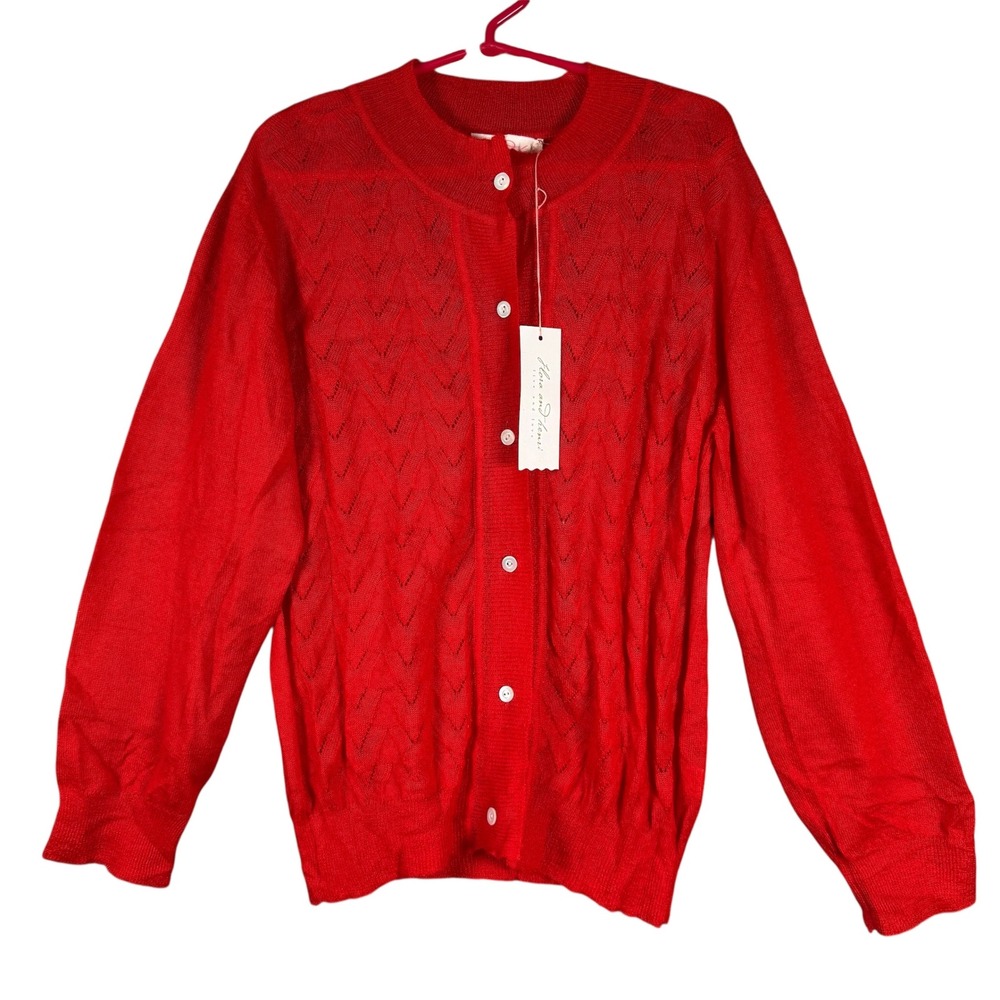 flora and henri Cashmere Laurel‎ Leaf Cardigan Kids 10Y Red Pointelle Knit 37956